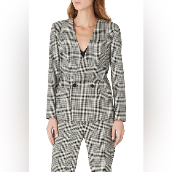 Club Monaco Black White Check Ginghams Double Breasted Collarless Blazer Jacket - Picture 3 of 13